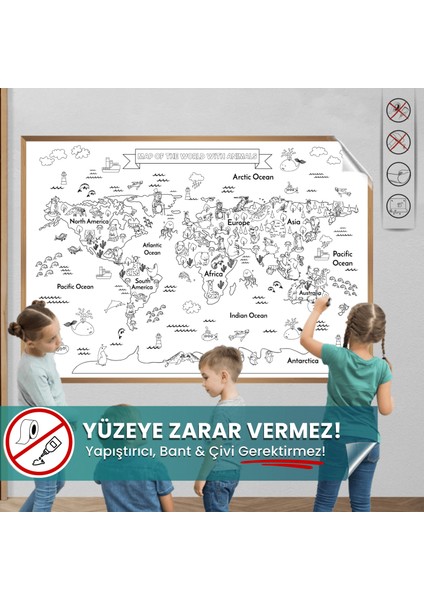 Pi Papers Hayvanlı Harita Boyama, Yüzeye Zarar Vermeyen Sihirli Kağıt, Eğlenceli Çocuk ve Oyun Odası Sticker