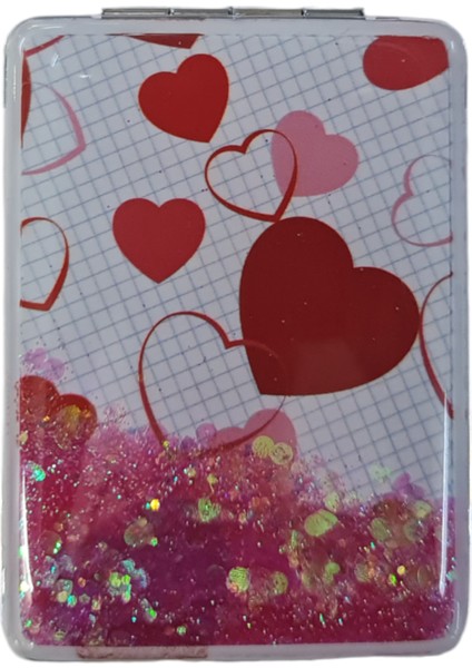 El Aynası - Kalp Desenli Pırıltılı Katlanır Dikdörtgen Makyaj Aynası - Cep, Çanta Aynası