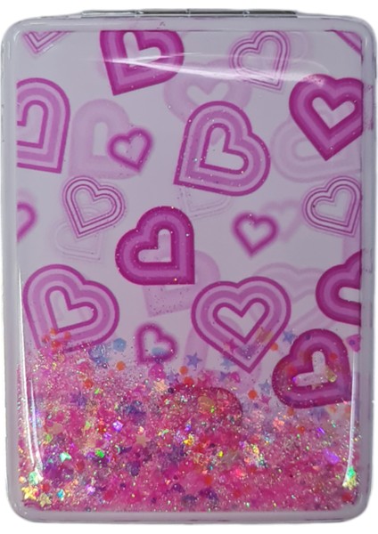 El Aynası - Kalp Desenli Pırıltılı Katlanır Dikdörtgen Makyaj Aynası - Cep, Çanta Aynası