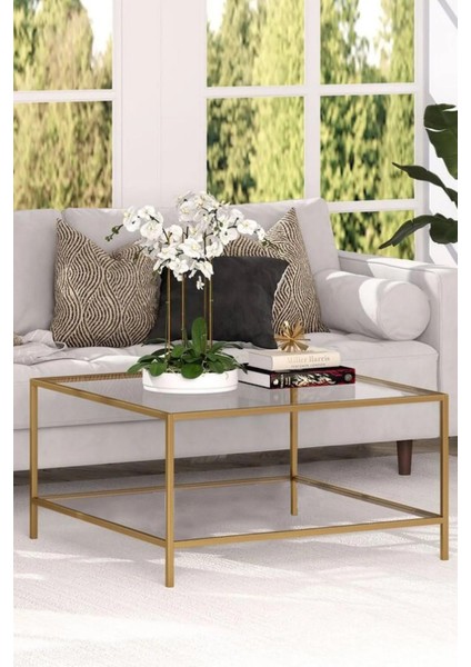 Tino Furniture Oslo Gold Metal Kare Orta Sehpa Şeffaf Camlı Oslogold