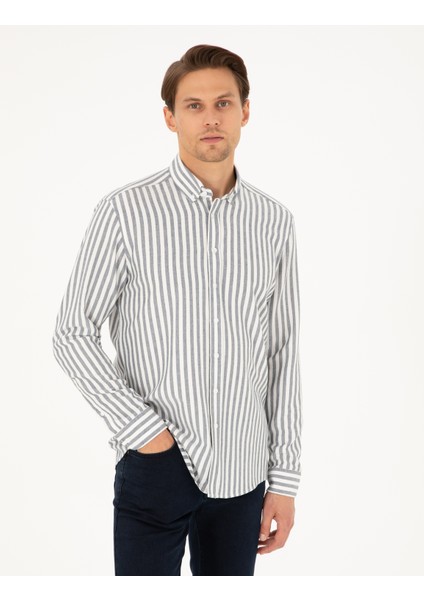 Erkek Lacivert Regular Fit Çizgili Uzun Kollu Gömlek 50295253-VR033