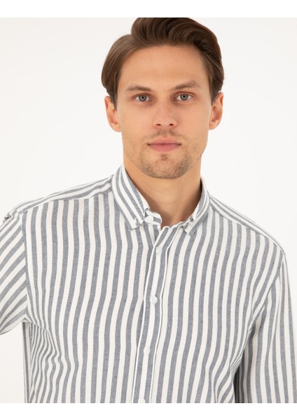 Erkek Lacivert Regular Fit Çizgili Uzun Kollu Gömlek 50295253-VR033