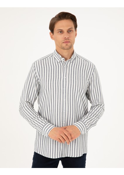 Erkek Lacivert Regular Fit Çizgili Uzun Kollu Gömlek 50295253-VR033