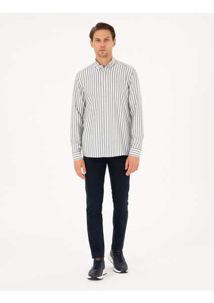 Erkek Lacivert Regular Fit Çizgili Uzun Kollu Gömlek 50295253-VR033