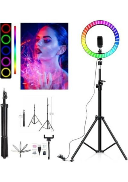 Rgb Youtuber Tiktok Çekim Telefon Tutucu Renkli Ring Light Makyaj Işığı 33CM 13 Inç 2. mt Tripod