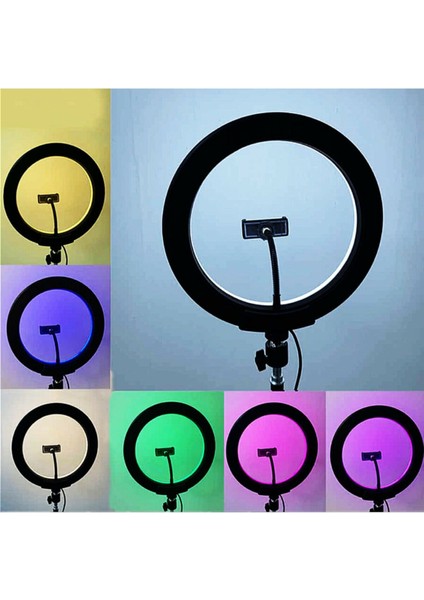 Rgb Youtuber Tiktok Çekim Telefon Tutucu Renkli Ring Light Makyaj Işığı 33CM 13 Inç 2. mt Tripod