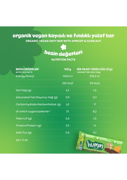 Organik Vegan Kayısılı ve Fındıklı Yulaf Bar Atıştırmalık Paketi - 6 Adet