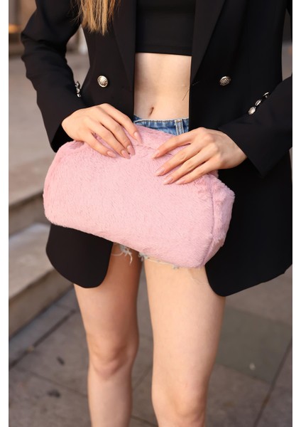 Kadın Pembe Yumuşak Peluş Clutch Portföy Çanta