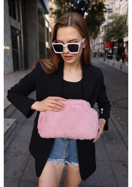 Kadın Pembe Yumuşak Peluş Clutch Portföy Çanta