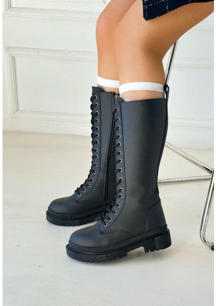Kalın Yüksek Topuklu Fermuarlı Diz Altı Sade Bağcıklı Kadın Çizme fiyatları