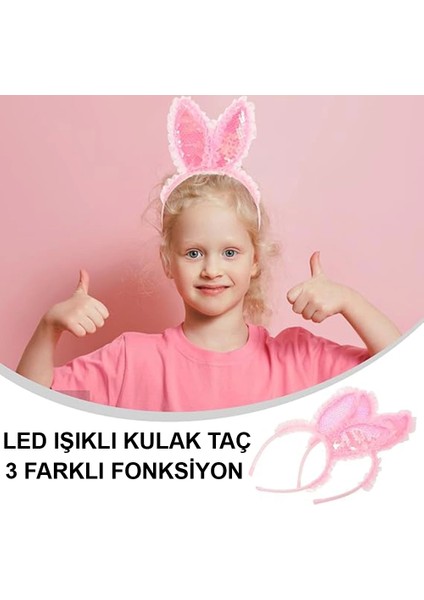 Kenarları Dantelli Pembe Pullu Payetli Led Işıklı Tavşan Kulak Taç 23x19 Cm