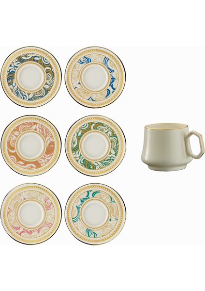 1453 Şal Geometrik Gold 12 Parça 6 Kişilik Kahve Fincan Takımı 90 ml