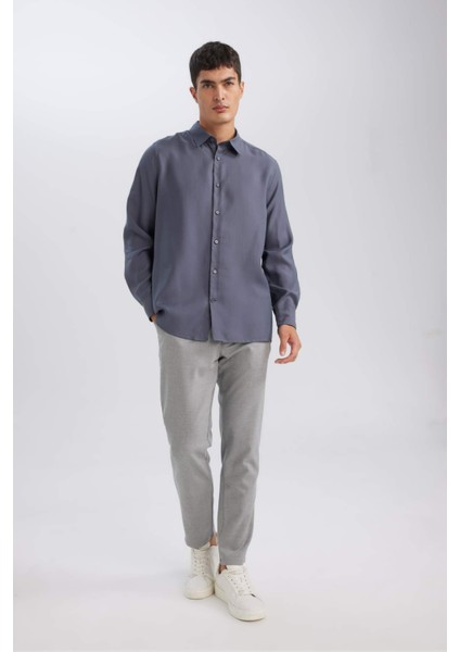 Relax Fit Polo Yaka Twill Modal Karışımlı Basic Düz Uzun Kollu Gömlek D3376AX24AU