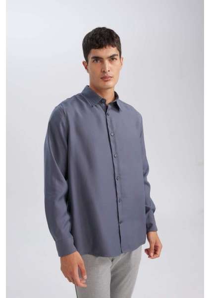 Relax Fit Polo Yaka Twill Modal Karışımlı Basic Düz Uzun Kollu Gömlek D3376AX24AU
