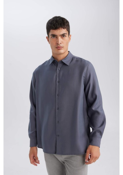 Relax Fit Polo Yaka Twill Modal Karışımlı Basic Düz Uzun Kollu Gömlek D3376AX24AU