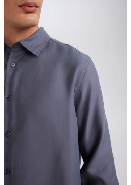 Relax Fit Polo Yaka Twill Modal Karışımlı Basic Düz Uzun Kollu Gömlek D3376AX24AU