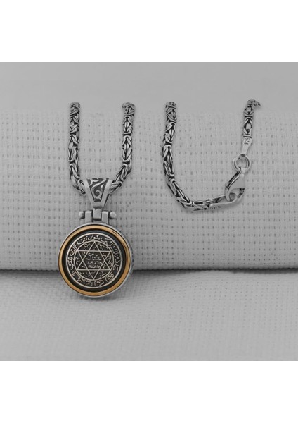 Mührü Süleyman Ortası Dönen Kral Zincirli 925 Ayar Gümüş Kolye