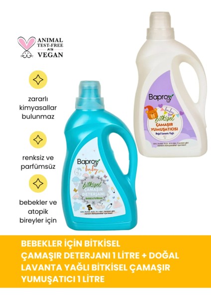 Bebekler Için Bitkisel Çamaşır Deterjanı 1 lt+Bitkisel Çamaşır Yumuşatıcısı Doğal Lavanta Yağlı 1 lt