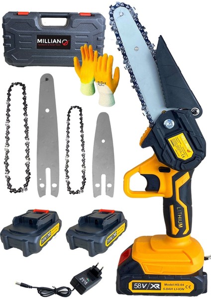 58 V 5 Ah 10-15 cm Uzun Kısa Pala ve Zincir 2x Akü Çantalı Şarjlı Dal Kesme Budama Testere Makine