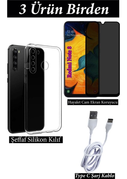 Xiaomi Redmi Note 8 Hayalet Ekran Koruyucu, Şeffaf Kılıf ve Şarj Kablosu Seti | 3'lü Koruma Paketi