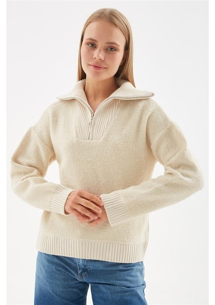 Yakası Fermuarlı Sweat Bej