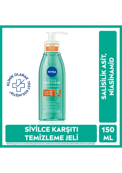 NIVEA Derma Skin Clear Niasinamid ve Salisilik Asit (BHA) İçeren Sivilce Karşıtı Yüz Temizleme Jeli 150ml, Karma ve Yağlı Ciltler