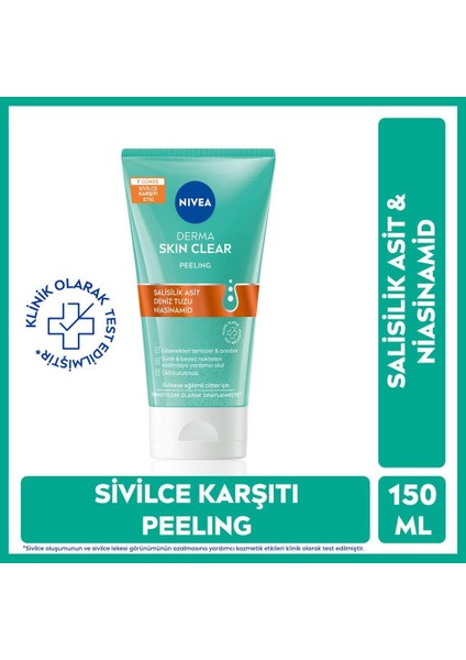 Derma Skin Clear Niasinamid ve Salisilik Asit (BHA) İçeren Sivilce Karşıtı Yüz Temizleme Peeling 150ml, Karma ve Yağlı Ciltler