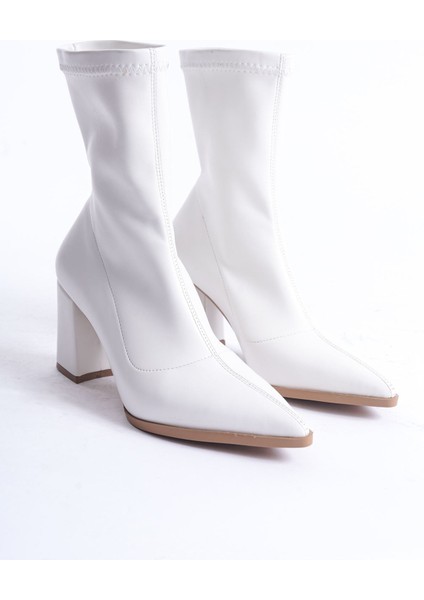Kadın Cooper Kalın Topuklu Streç Bot - Beyaz