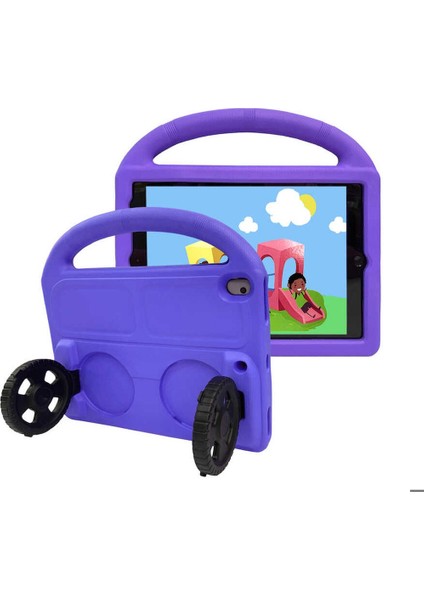 Apple iPad 10.2 (8.nesil) Uyumlu Tablet Kılıfı Wheel Car Tekerlek Standlı Kılıf, Mor