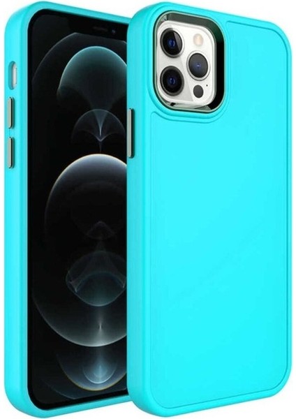 iPhone 12 Pro Max Uyumlu Kılıf Metal Çerçeve ve Buton Tasarımlı Sert Botox Kapak Turkuaz