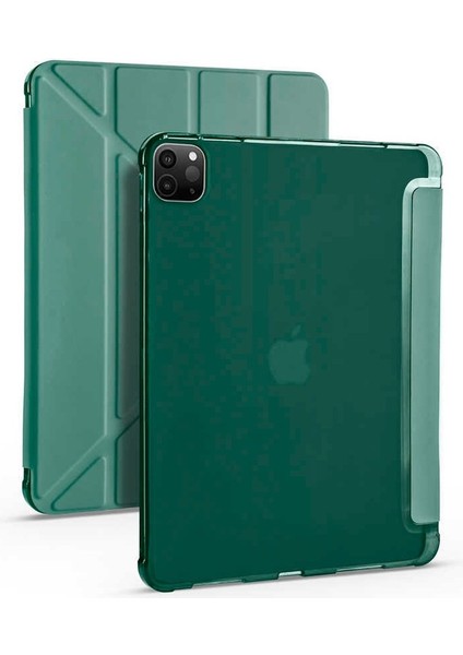 Apple iPad Pro 11 2020 (2.nesil) Uyumlu Tri Folding Kalem Bölmeli Tablet Kılıfı, Koyu Yeşil