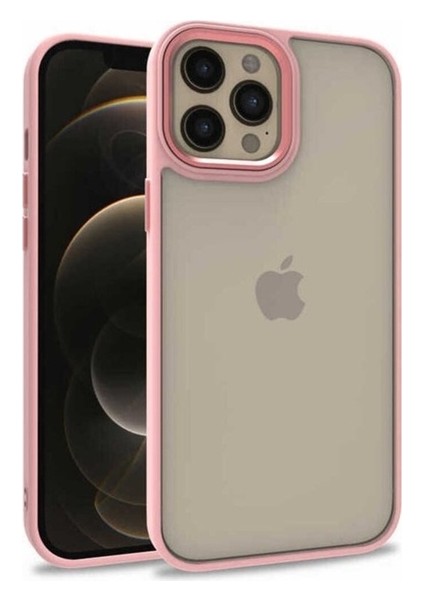 Apple iPhone 12 Pro Max Uyumlu Kılıf Sert Silikon Renkli Şerit Tasarımlı Parlak Flora Kapak, Rose Gold