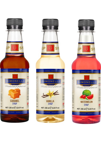 3'lü Şurup Seti (Karamel + Vanilya + Karpuz) Kahve ve Kokteyl Şurubu 3x250ml
