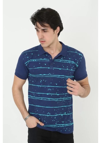 Erkek Yakalı Slim Fit Pike Çizgili T-Shirt - Mavi indirimleri