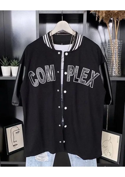 Erkek Complex Kolları Deri Kolej Oversize T-Shirt - Siyah