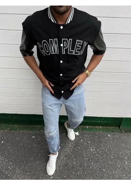 Erkek Complex Kolları Deri Kolej Oversize T-Shirt - Siyah fiyatları