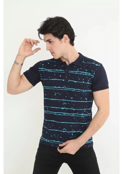 Erkek Yakalı Slim Fit Pike Çizgili T-Shirt - Lacivert modelleri