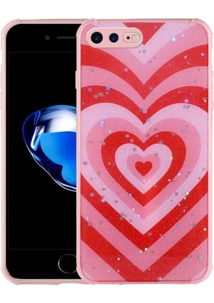 Apple iPhone 8 Plus Uyumlu Kılıf Simli Desenli Kamera Korumalı Parlak Popy Kapak, Kalp