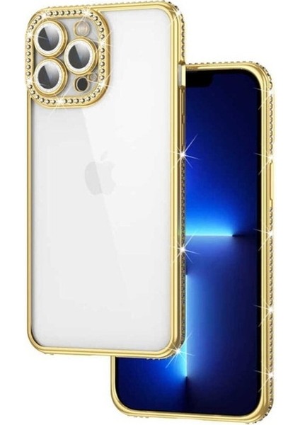 Apple iPhone 13 Pro Uyumlu Kılıf Kamera Korumalı Taşlı Mina Kapak, Gold