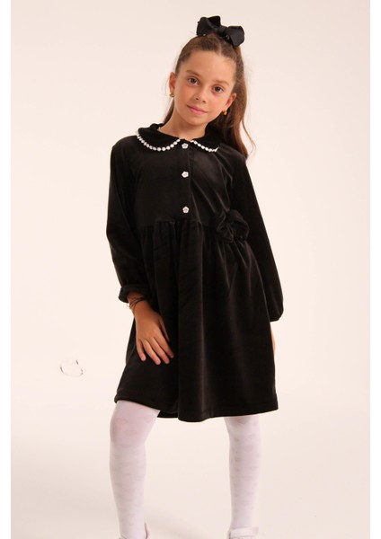 Şık Kadife Düğmeli Elbise Kız Çocuk Siyah modelleri