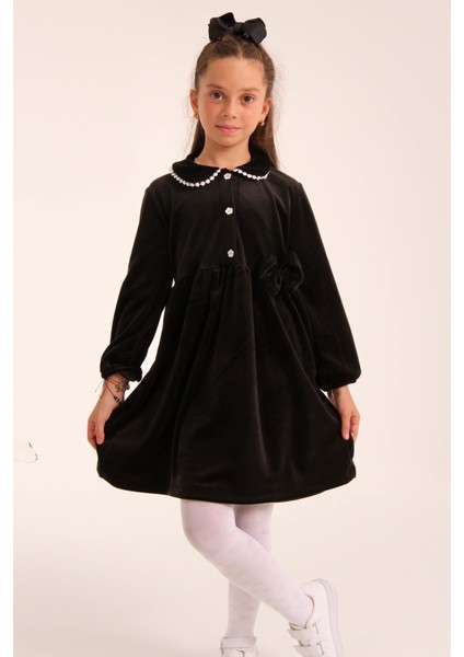 Şık Kadife Düğmeli Elbise Kız Çocuk Siyah fırsatları