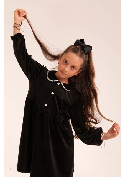 Şık Kadife Düğmeli Elbise Kız Çocuk Siyah indirimleri