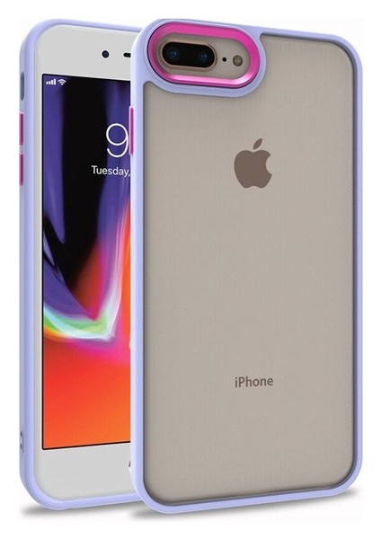 Apple iPhone 8 Plus Uyumlu Kılıf Sert Silikon Renkli Şerit Tasarımlı Parlak Flora Kapak, Lila
