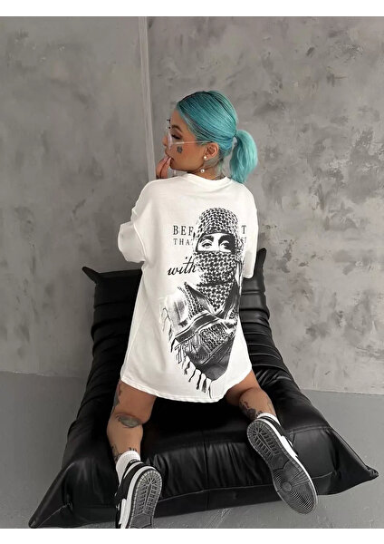 Baskılı Oversize T-Shirt - Beyaz