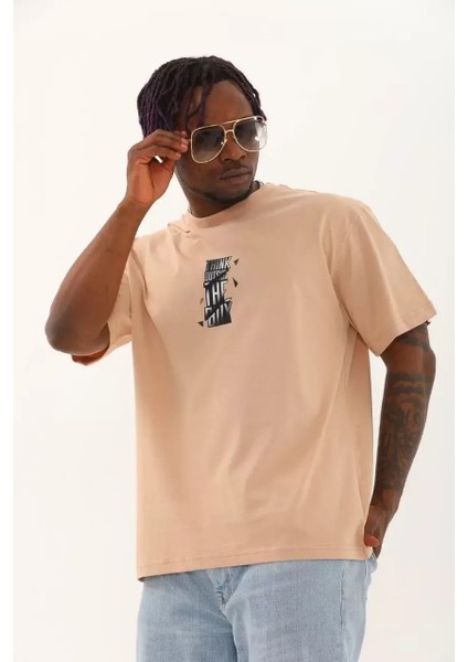 Oversize Baskılı Bisiklet Yaka T-Shirt - Bej