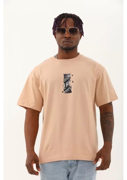 Oversize Baskılı Bisiklet Yaka T-Shirt - Bej