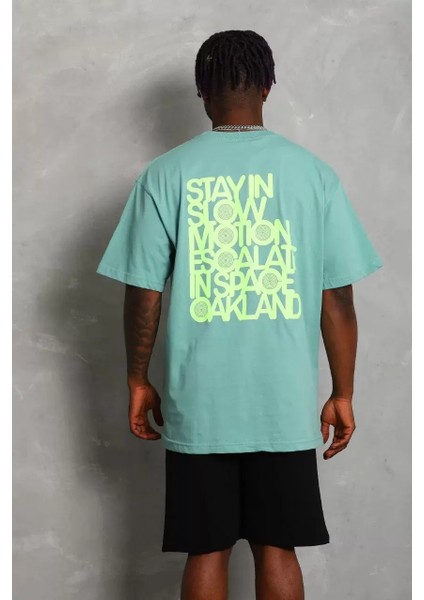 Oversize Baskılı Bisiklet Yaka T-Shirt - Mint Yeşili
