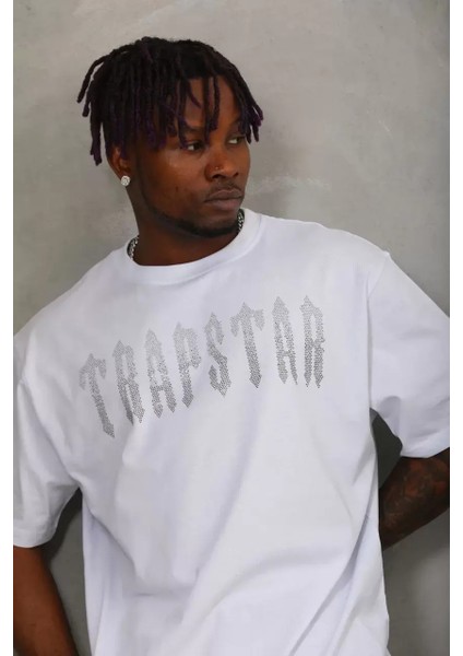 Oversize Taşlı Bisiklet Yaka T-Shirt - Beyaz fiyatları