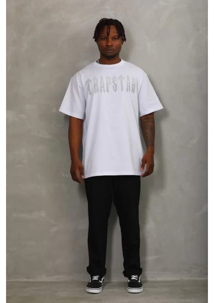 Oversize Taşlı Bisiklet Yaka T-Shirt - Beyaz indirimleri