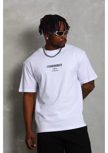 Oversize Baskılı Bisiklet Yaka T-Shirt - Beyaz